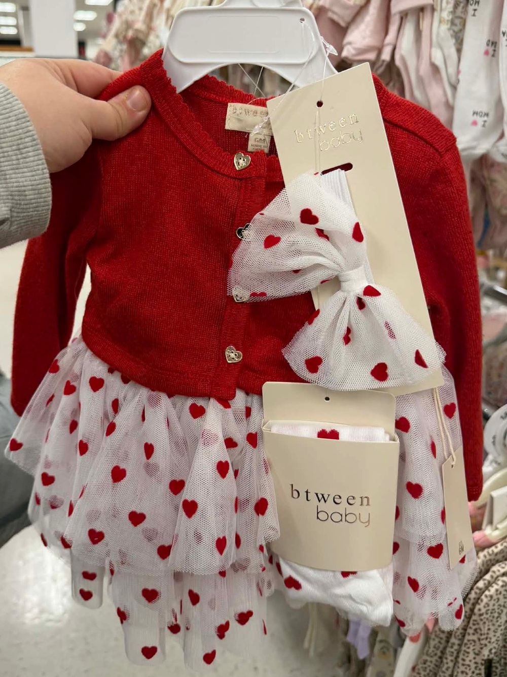 Baby Heart Print Red & White Dress with Cardigan